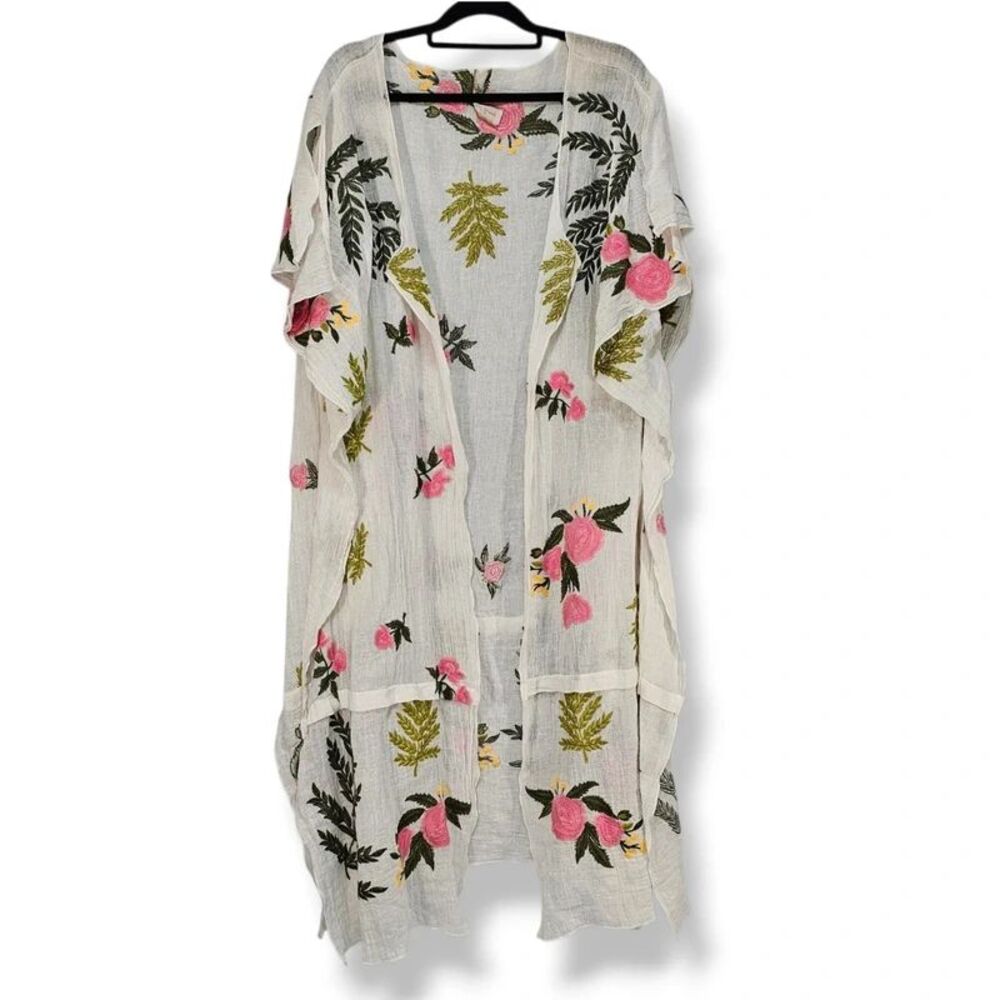 Aratta Silent Journey Embroidered Linen Cotton Floral Kimono Duster One Size
